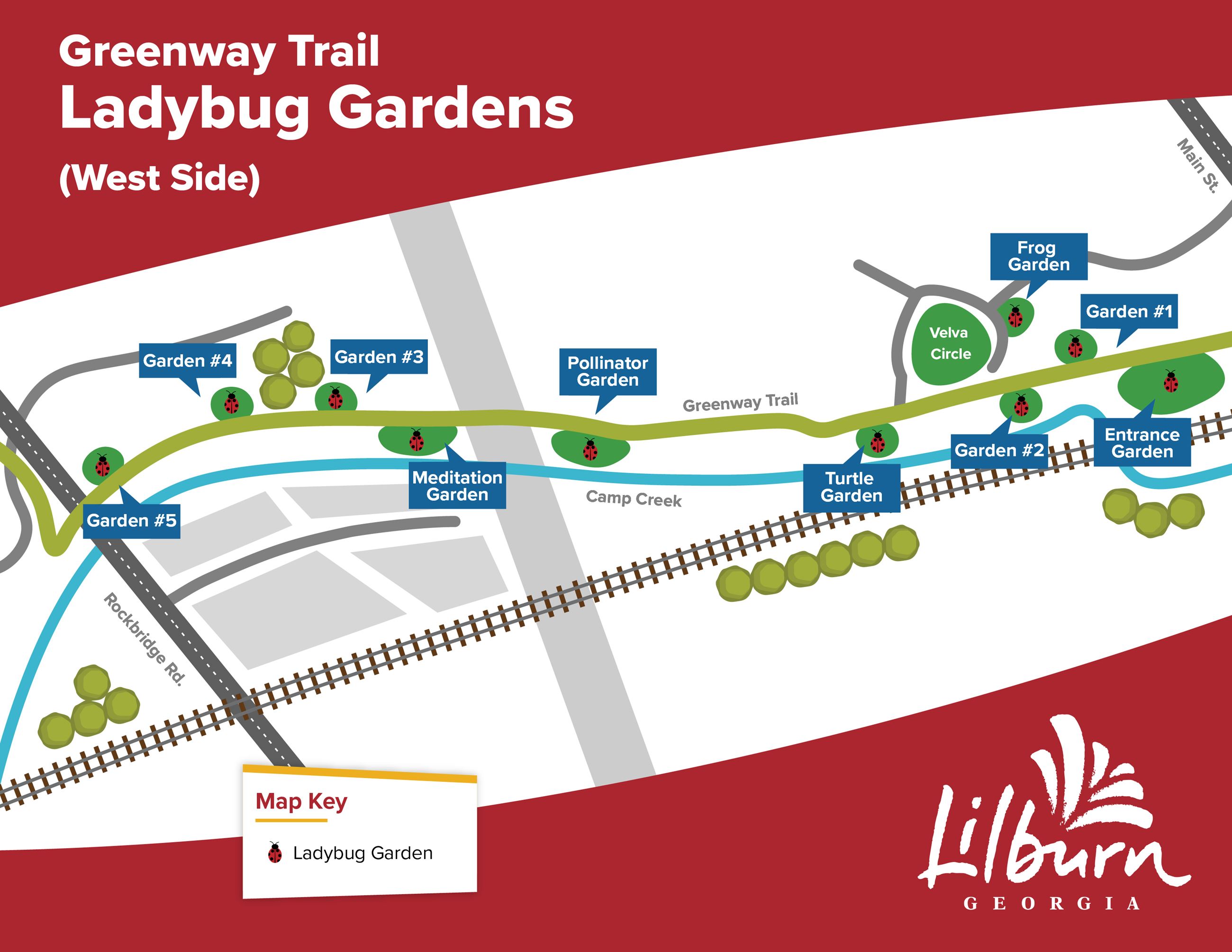 Map showing garden bed orientation on the west side of the Greenway Trail